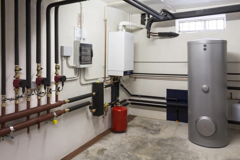 Local technique moderne avec chaudière murale blanche, ballon d'eau chaude vertical en inox, circuit de distribution avec collecteur à vannes rouges et tubes noirs isolés