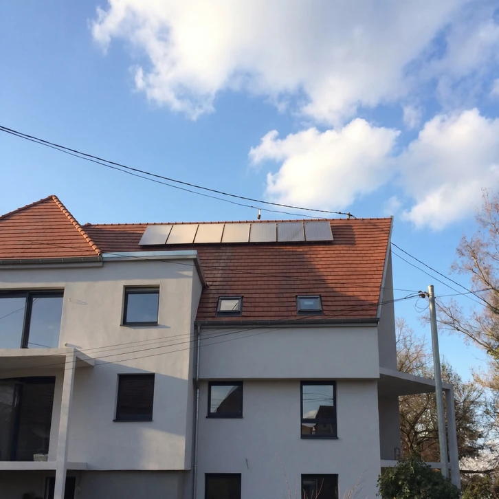 Quartier résidentiel avec maisons modernes équipées de panneaux solaires photovoltaïques sur toitures inclinées